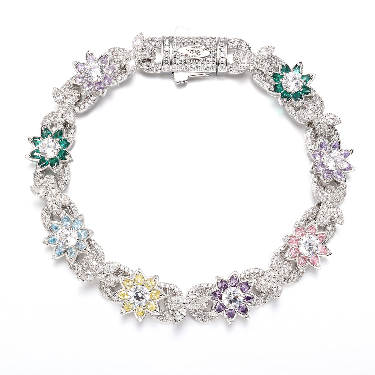 925 Silver Colorful Flowers Cuban Bracelet