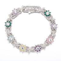 925 Silver Colorful Flowers Cuban Bracelet
